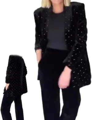 Womens Luxury Rhinestone Decor Blazer, Velvet Blazer for Women Long Sleeve Lapel Open Front Business Work Jacket