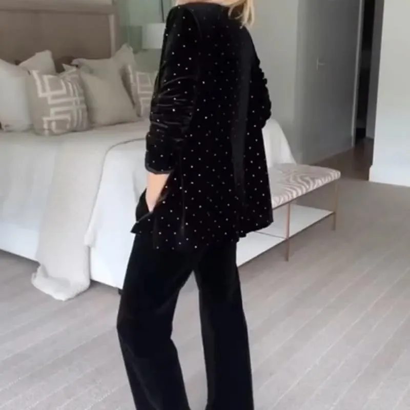 Womens Luxury Rhinestone Decor Blazer, Velvet Blazer for Women Long Sleeve Lapel Open Front Business Work Jacket
