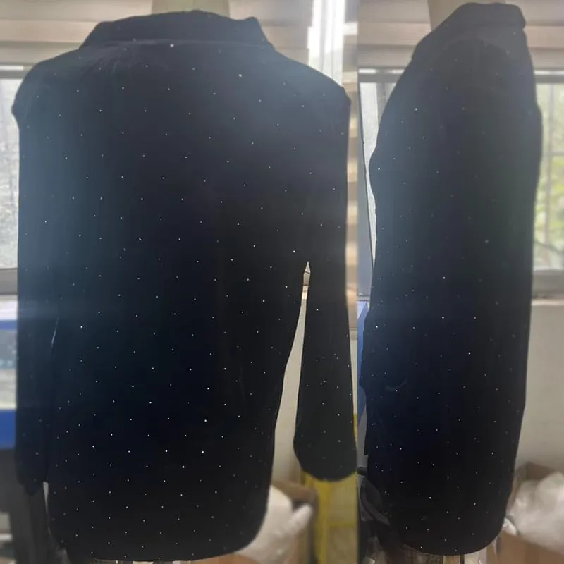 Womens Luxury Rhinestone Decor Blazer, Velvet Blazer for Women Long Sleeve Lapel Open Front Business Work Jacket