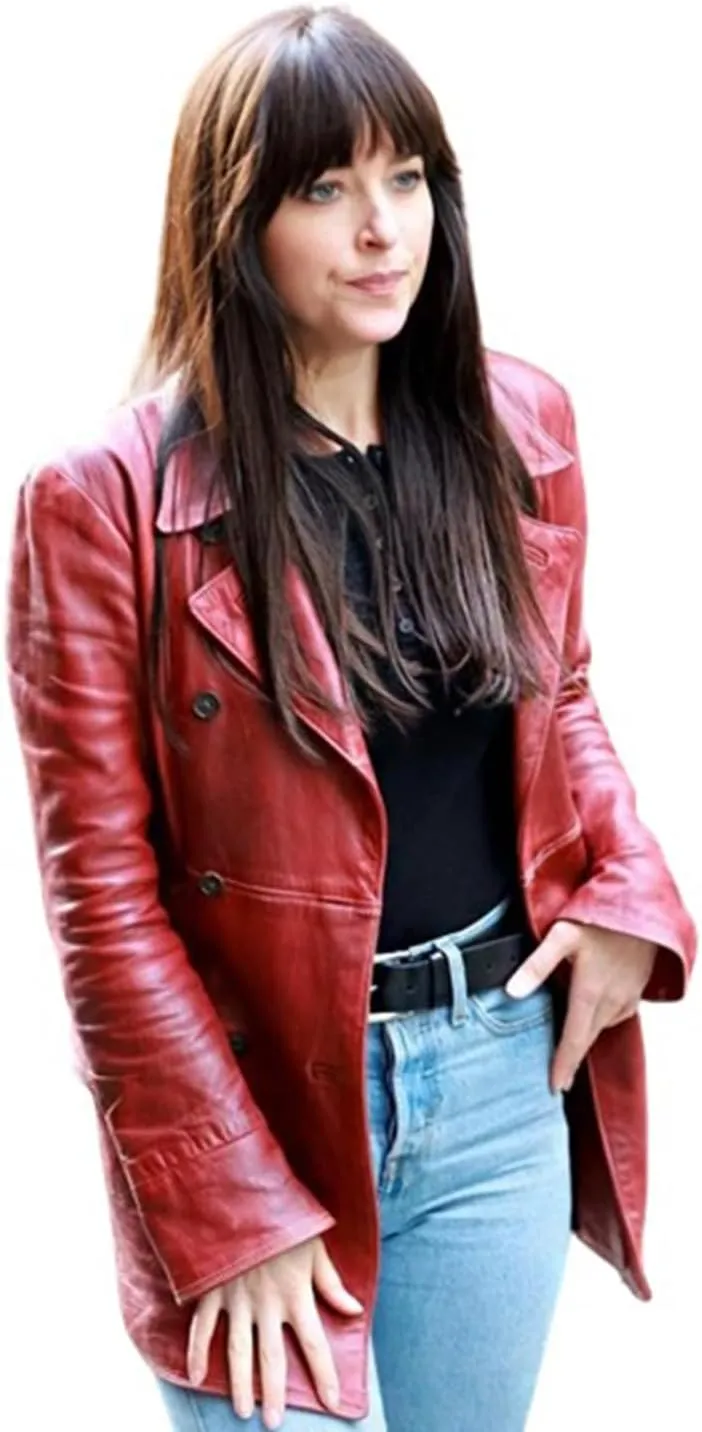 Women's Madame Web Dakota Johnson Maroon Leather Blazer Jacket - Double Breasted Red Leather Jacket Coat