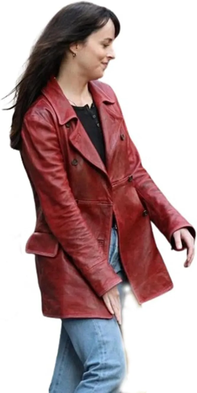 Women's Madame Web Dakota Johnson Maroon Leather Blazer Jacket - Double Breasted Red Leather Jacket Coat