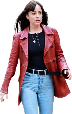 Women's Madame Web Dakota Johnson Maroon Leather Blazer Jacket - Double Breasted Red Leather Jacket Coat