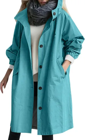 Womens Oversized Trench Coat Lightweight Windbreaker Waterproof Raincoat Long Hooded Pea Coat Lined Elegant Jacket
