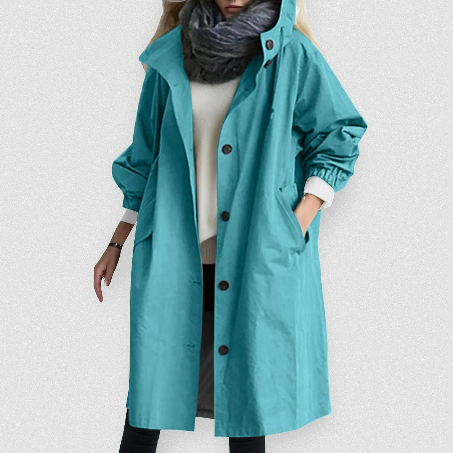 Womens Oversized Trench Coat Lightweight Windbreaker Waterproof Raincoat Long Hooded Pea Coat Lined Elegant Jacket