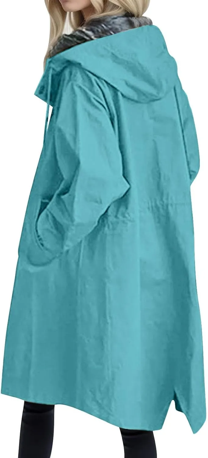 Womens Oversized Trench Coat Lightweight Windbreaker Waterproof Raincoat Long Hooded Pea Coat Lined Elegant Jacket
