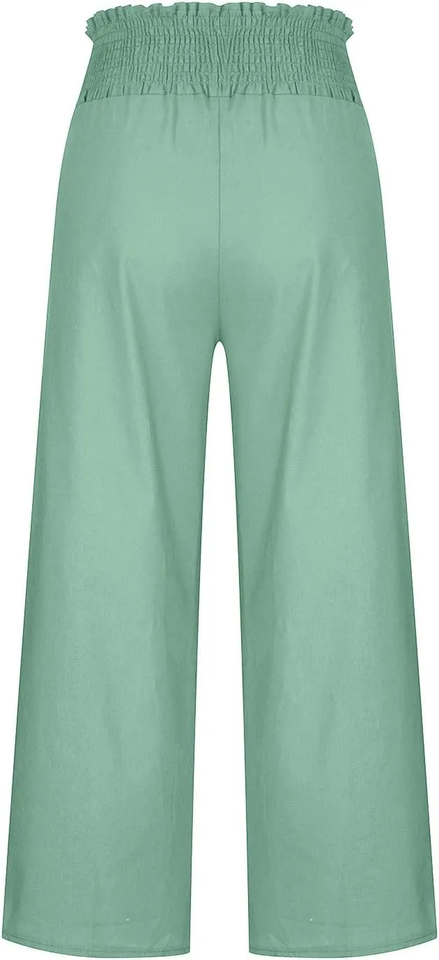 Womens Palazzo Pants 2025 Summer Fashion Comfy High Waist Double Layer Slacks Baggy Flowy Split Hem Wide Leg Pants