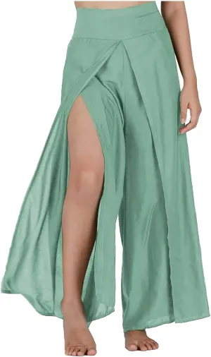Womens Palazzo Pants 2025 Summer Fashion Comfy High Waist Double Layer Slacks Baggy Flowy Split Hem Wide Leg Pants