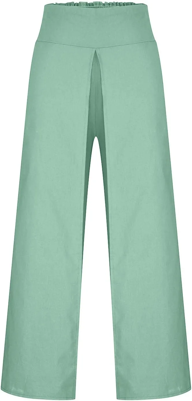 Womens Palazzo Pants 2025 Summer Fashion Comfy High Waist Double Layer Slacks Baggy Flowy Split Hem Wide Leg Pants