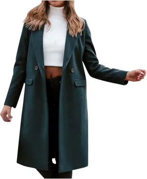 Womens Pea Coat Long Winter Trench Coats Retro Solid Jackets Double Breasted Fashion Outwear with Pockets 2024