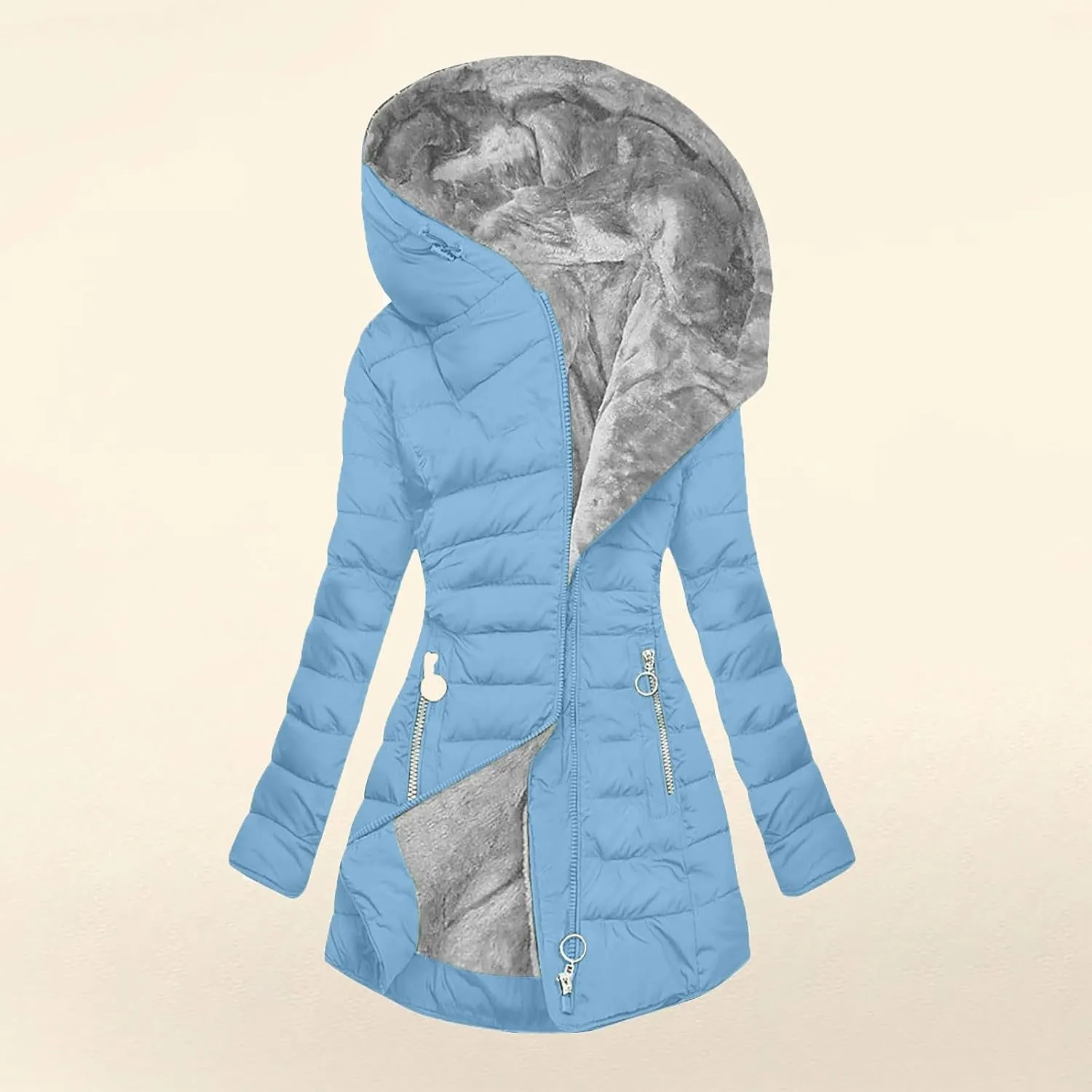 Women's Puffer Jacket Zip Up Coats with Pockets Winter Warm Hooded Outerwear Plain Long Down Jackets Comfy Parkas
