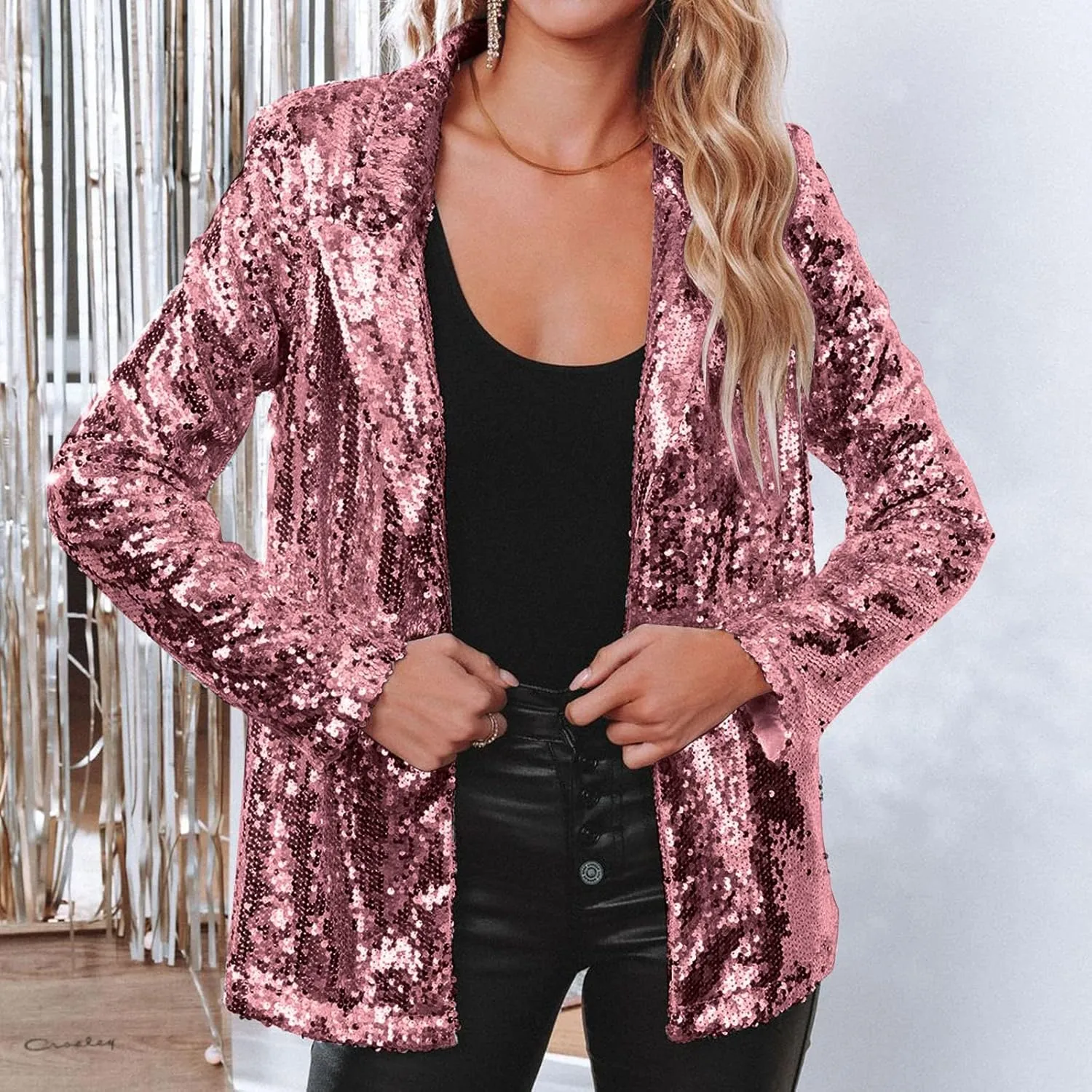Women's Sequin Blazer Jacket Lightweight Casual Long Sleeves Cardigan Coat Evening Glitter Sparkle Sequins Shiny Outfit