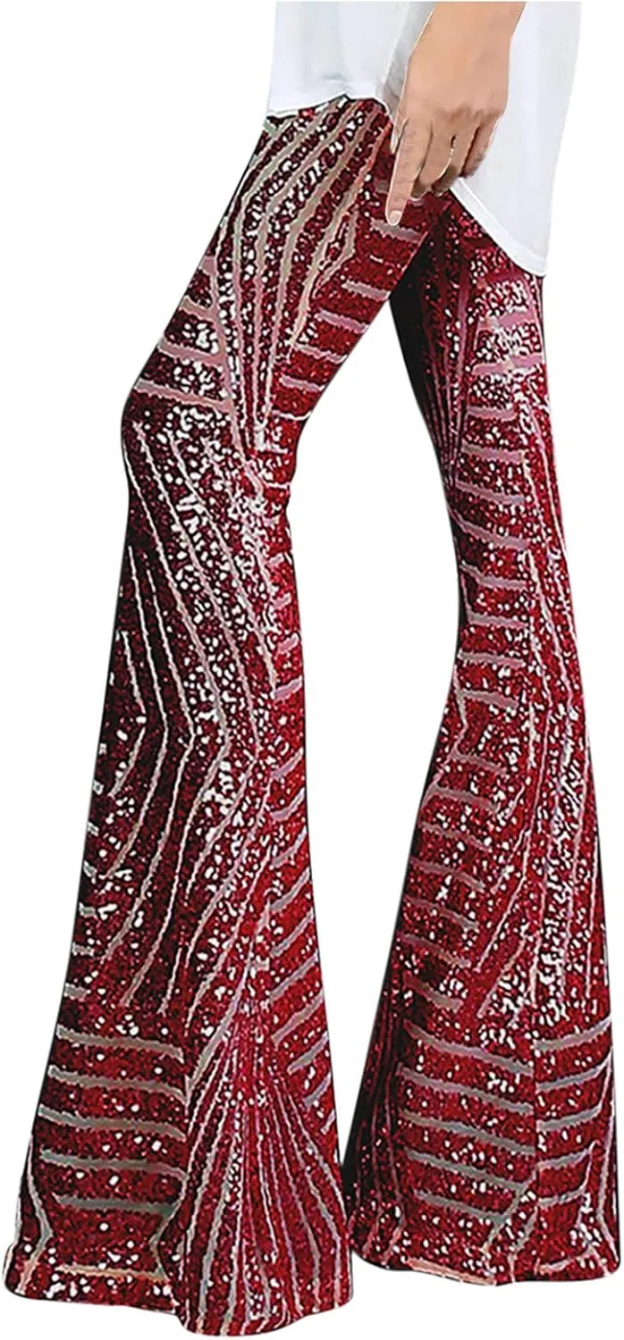 Women's Sexy Metallic Sparkly Wide Leg Pants High Waist Palazzo Lounge Pants Sequin Bell Bottoms Trousers Club Wear