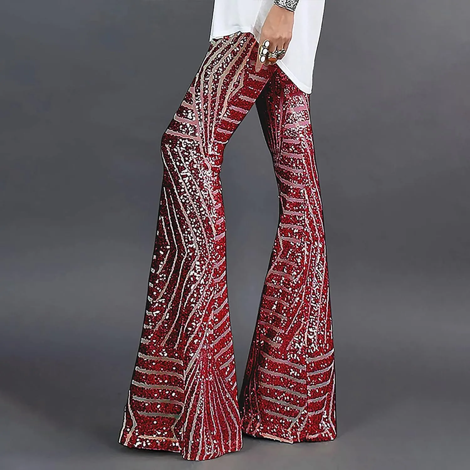 Women's Sexy Metallic Sparkly Wide Leg Pants High Waist Palazzo Lounge Pants Sequin Bell Bottoms Trousers Club Wear