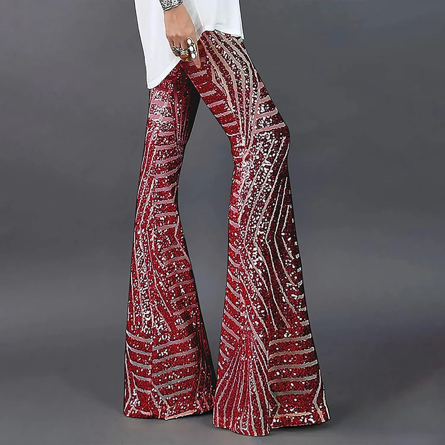 Women's Sexy Metallic Sparkly Wide Leg Pants High Waist Palazzo Lounge Pants Sequin Bell Bottoms Trousers Club Wear