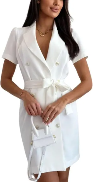 Women's Sexy Puff Sleeve Blazer Dress,V Neck Short Sleeve Notched Lapel Slit Double Breasted Belted Blazer Dress