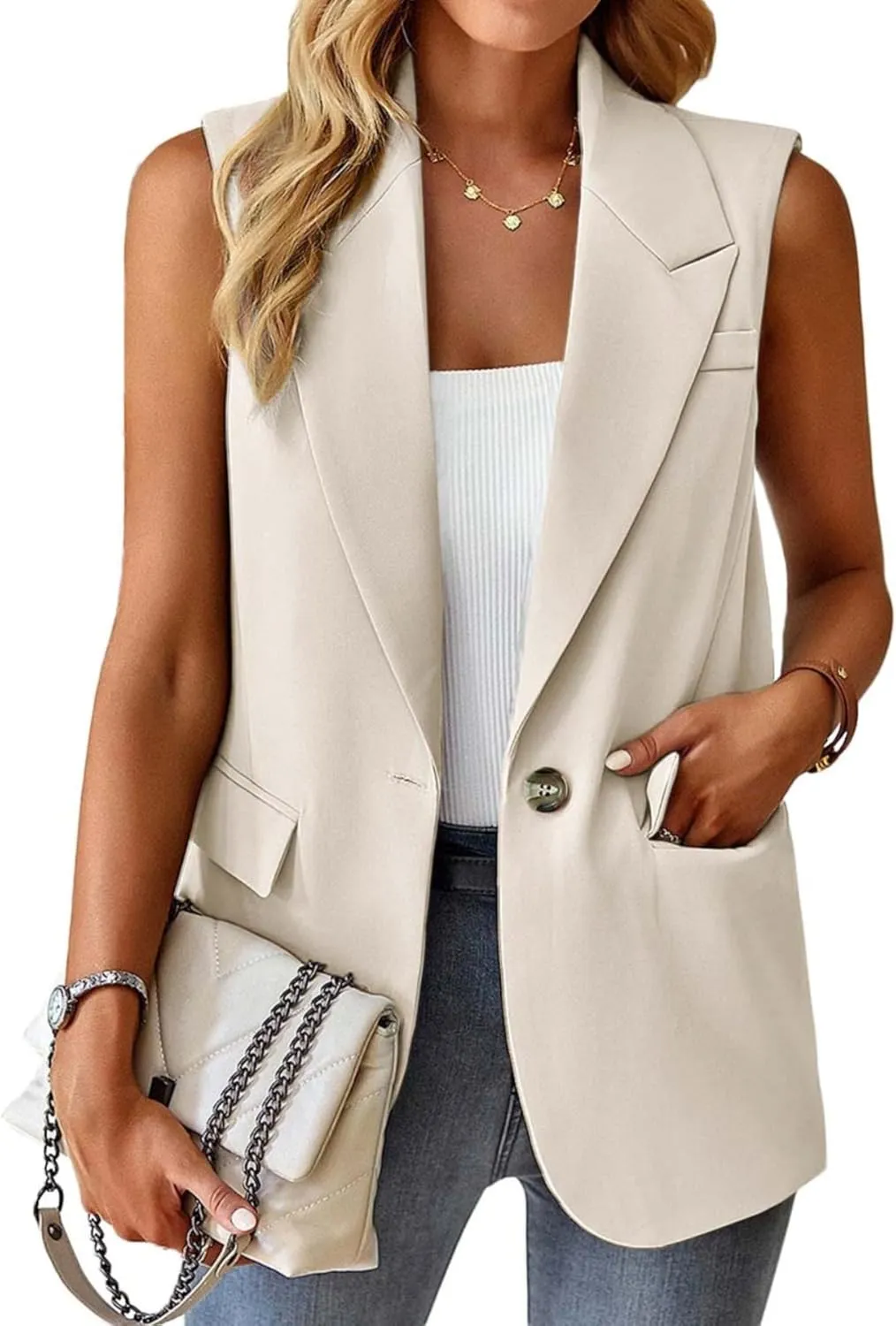 Women's Sleeveless Blazers Open Front Casual Blazer Vests Solid Color Lapel Single Button Lightweight Jackets Women