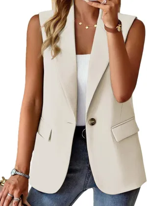 Women's Sleeveless Blazers Open Front Casual Blazer Vests Solid Color Lapel Single Button Lightweight Jackets Women