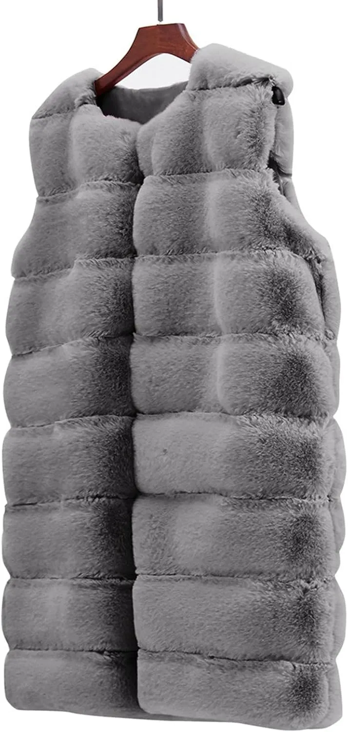 Women's Sleeveless Faux Fox Fur Vest Long Coat Ladies Mid-length Warmer Outwear Jacket Fashion Solid Color Tops