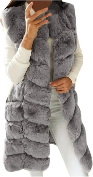 Women's Sleeveless Faux Fox Fur Vest Long Coat Ladies Mid-length Warmer Outwear Jacket Fashion Solid Color Tops