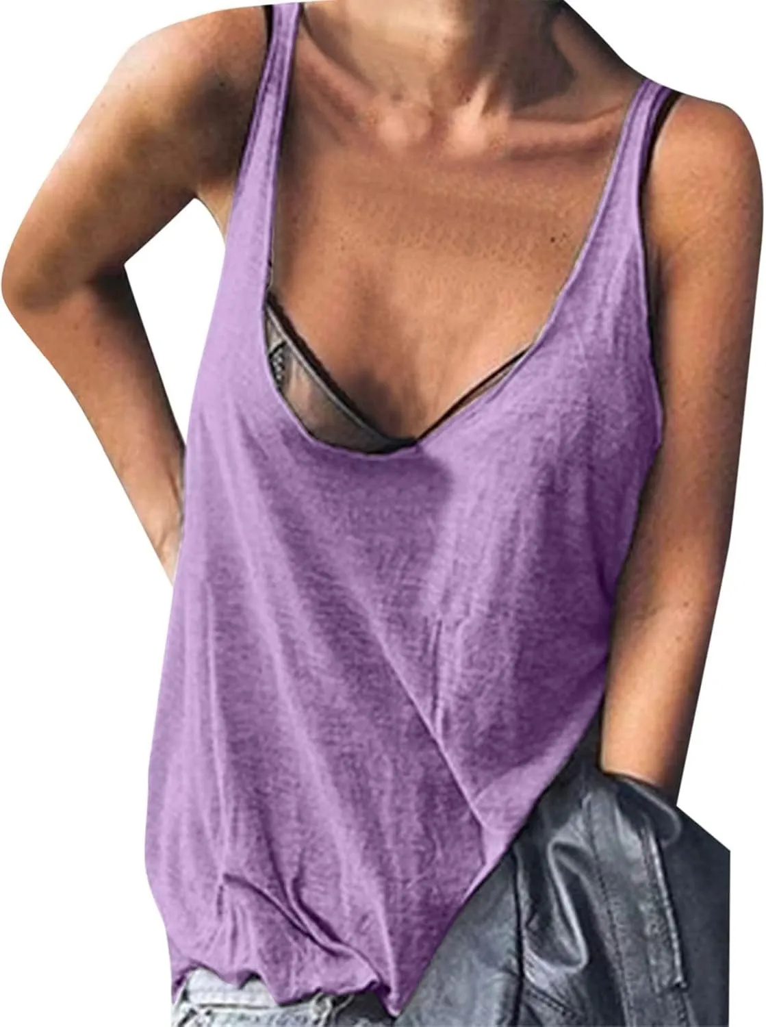 Womens Spaghetti Strap Tank Top Sleeveless Oversized Summer Beach Camisole Cute Loose Basic Cami Fashion Dressy Top