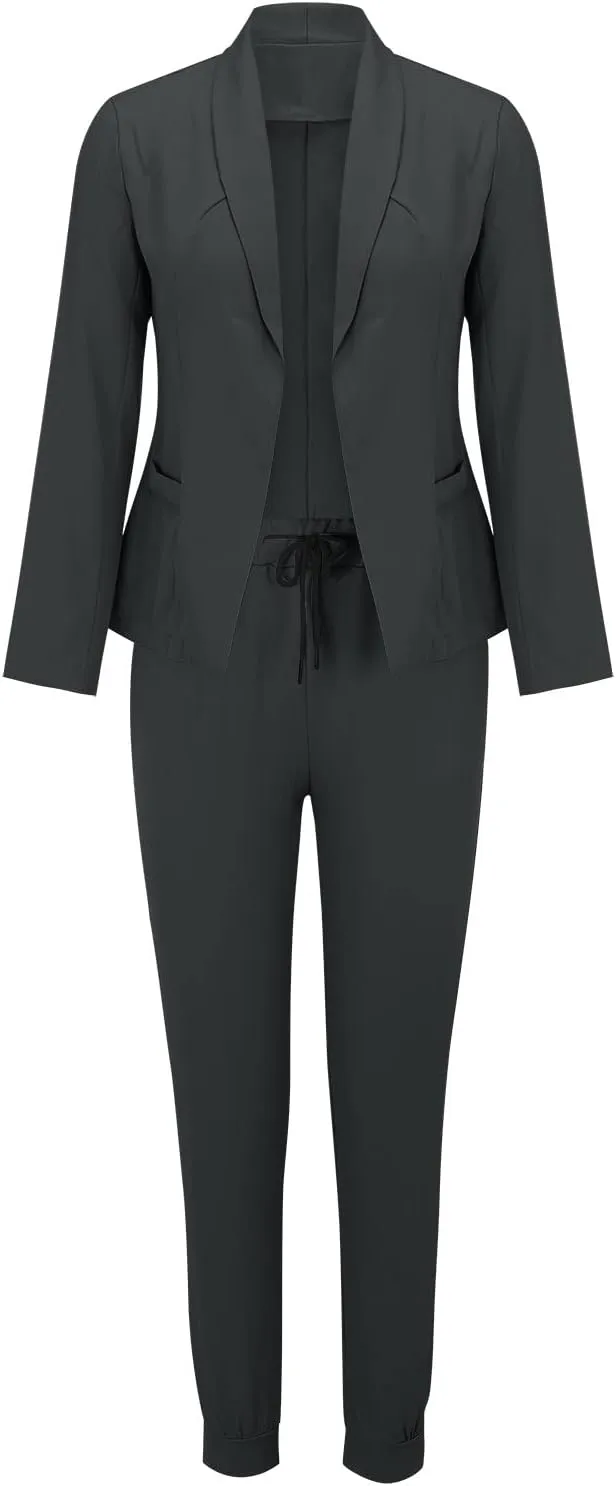 Women's Suit Coat and Pant Set Ladies Fashion Business Casual Loose Solid Long Blazer Coat & 3/4 Leg Pants 2PC Suit