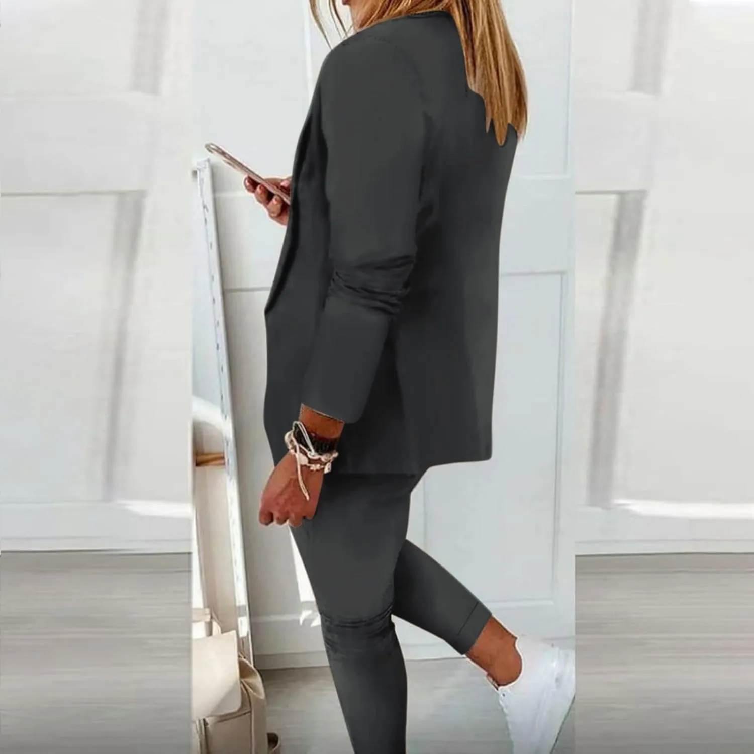 Women's Suit Coat and Pant Set Ladies Fashion Business Casual Loose Solid Long Blazer Coat & 3/4 Leg Pants 2PC Suit