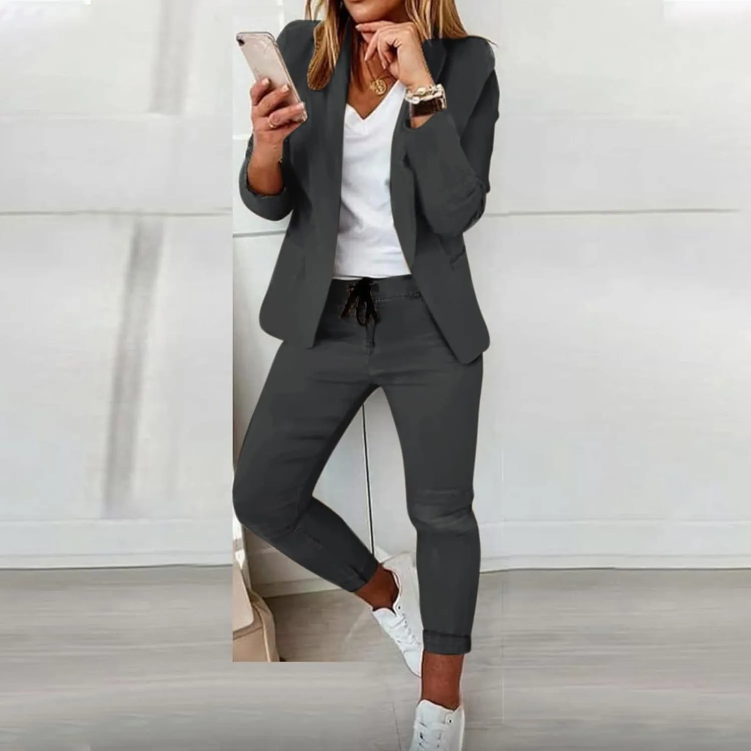 Women's Suit Coat and Pant Set Ladies Fashion Business Casual Loose Solid Long Blazer Coat & 3/4 Leg Pants 2PC Suit