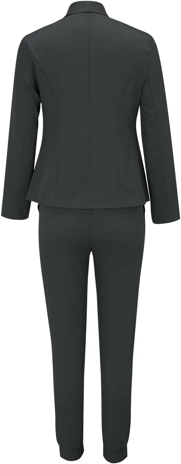 Women's Suit Coat and Pant Set Ladies Fashion Business Casual Loose Solid Long Blazer Coat & 3/4 Leg Pants 2PC Suit