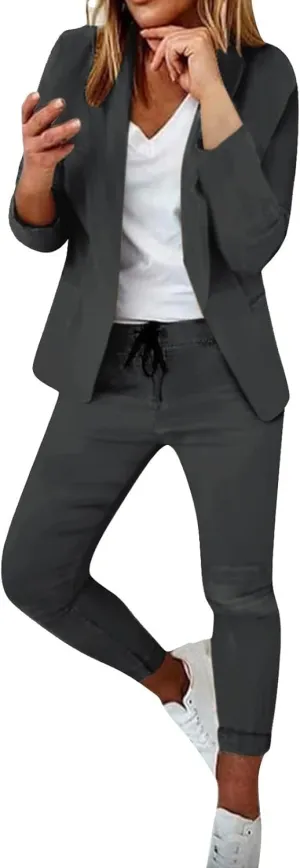 Women's Suit Coat and Pant Set Ladies Fashion Business Casual Loose Solid Long Blazer Coat & 3/4 Leg Pants 2PC Suit