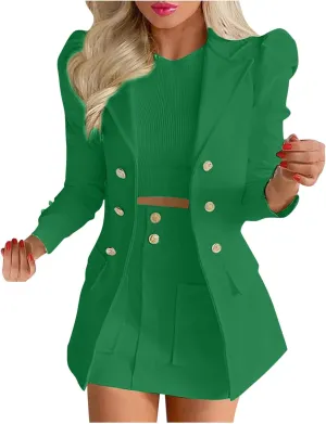 Womens Suits 2 Piece Set Elegant Business Casual Outfits for Ladies Fashion Slim Blazer Jacket Matching Short Skirts