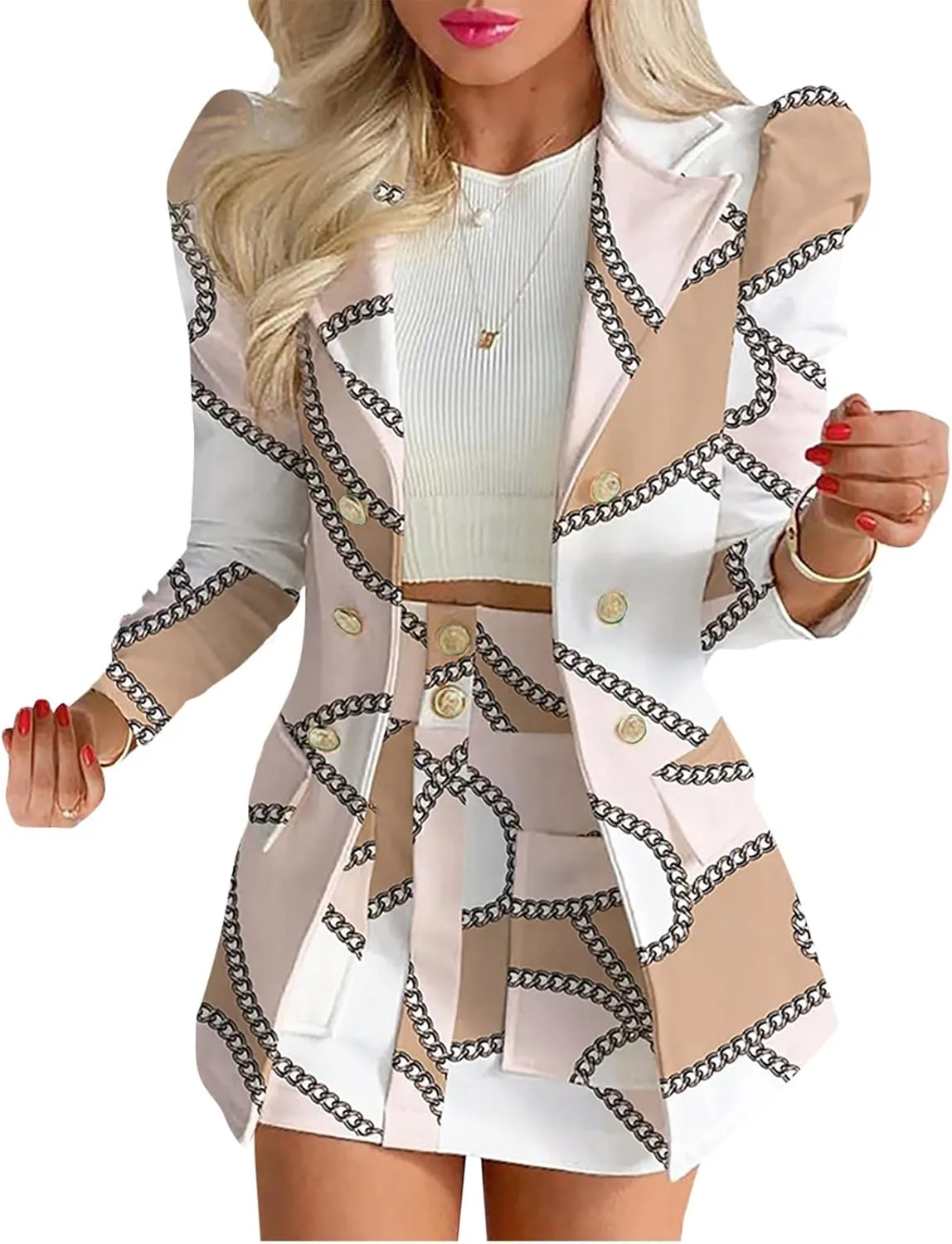 Womens Suits 2 Piece Set Elegant Business Casual Outfits for Ladies Fashion Slim Blazer Jacket Matching Short Skirts