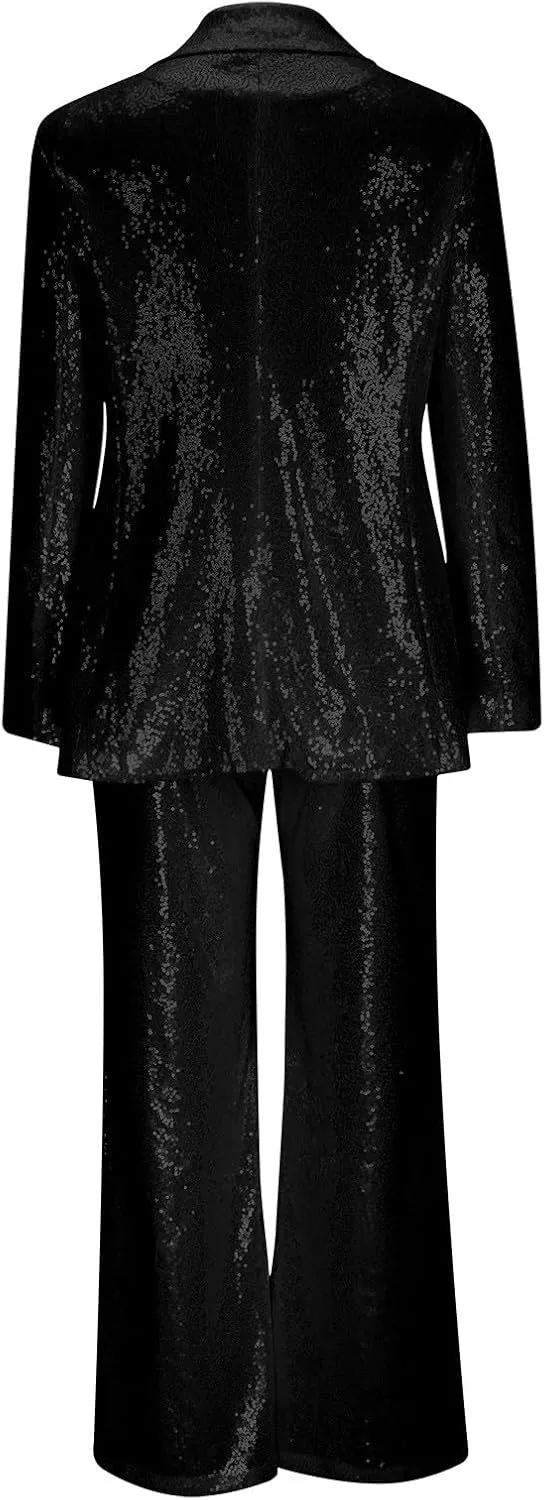 Womens Suits 2 Piece Set Sequin Slim Blazer Jacket and Wide Leg Pants Pockets Summer Fall Business Casual Suit Sets
