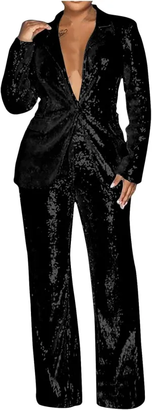 Womens Suits 2 Piece Set Sequin Slim Blazer Jacket and Wide Leg Pants Pockets Summer Fall Business Casual Suit Sets