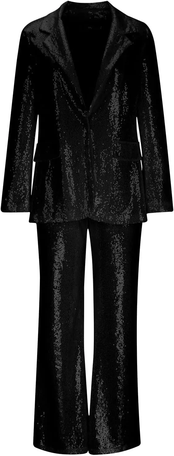 Womens Suits 2 Piece Set Sequin Slim Blazer Jacket and Wide Leg Pants Pockets Summer Fall Business Casual Suit Sets