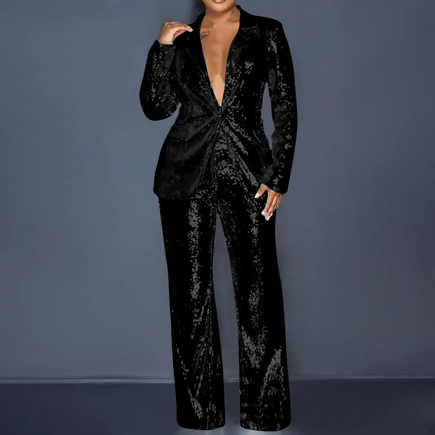 Womens Suits 2 Piece Set Sequin Slim Blazer Jacket and Wide Leg Pants Pockets Summer Fall Business Casual Suit Sets