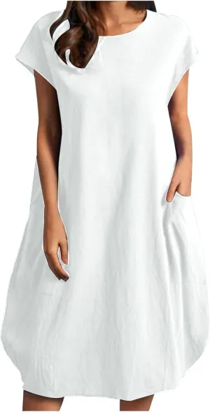 Women's Summer Midi Dress Casual Plain Simple T-Shirt Loose Dress Crewneck Short Sleeve T Shirt Sundress with Pockets