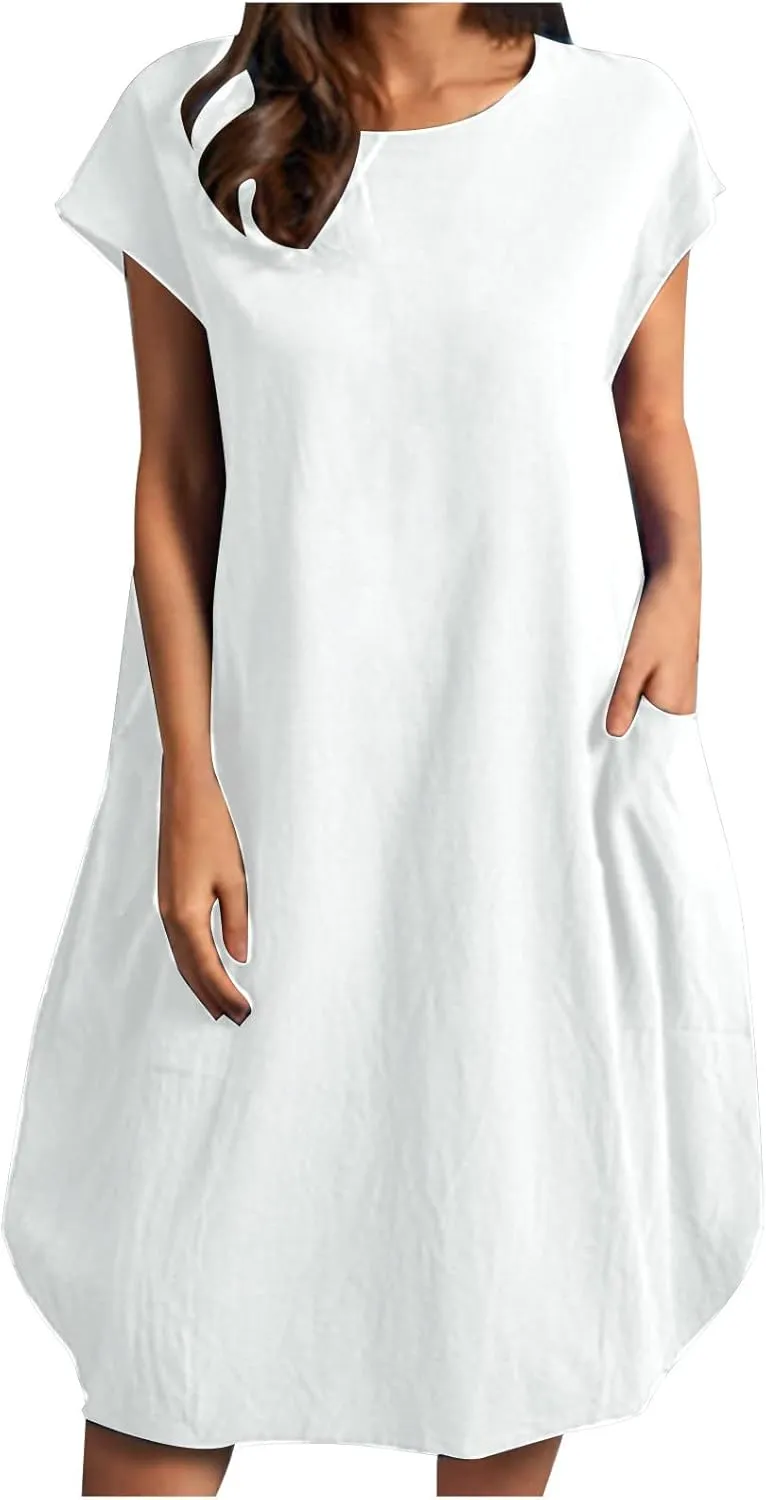 Women's Summer Midi Dress Casual Plain Simple T-Shirt Loose Dress Crewneck Short Sleeve T Shirt Sundress with Pockets
