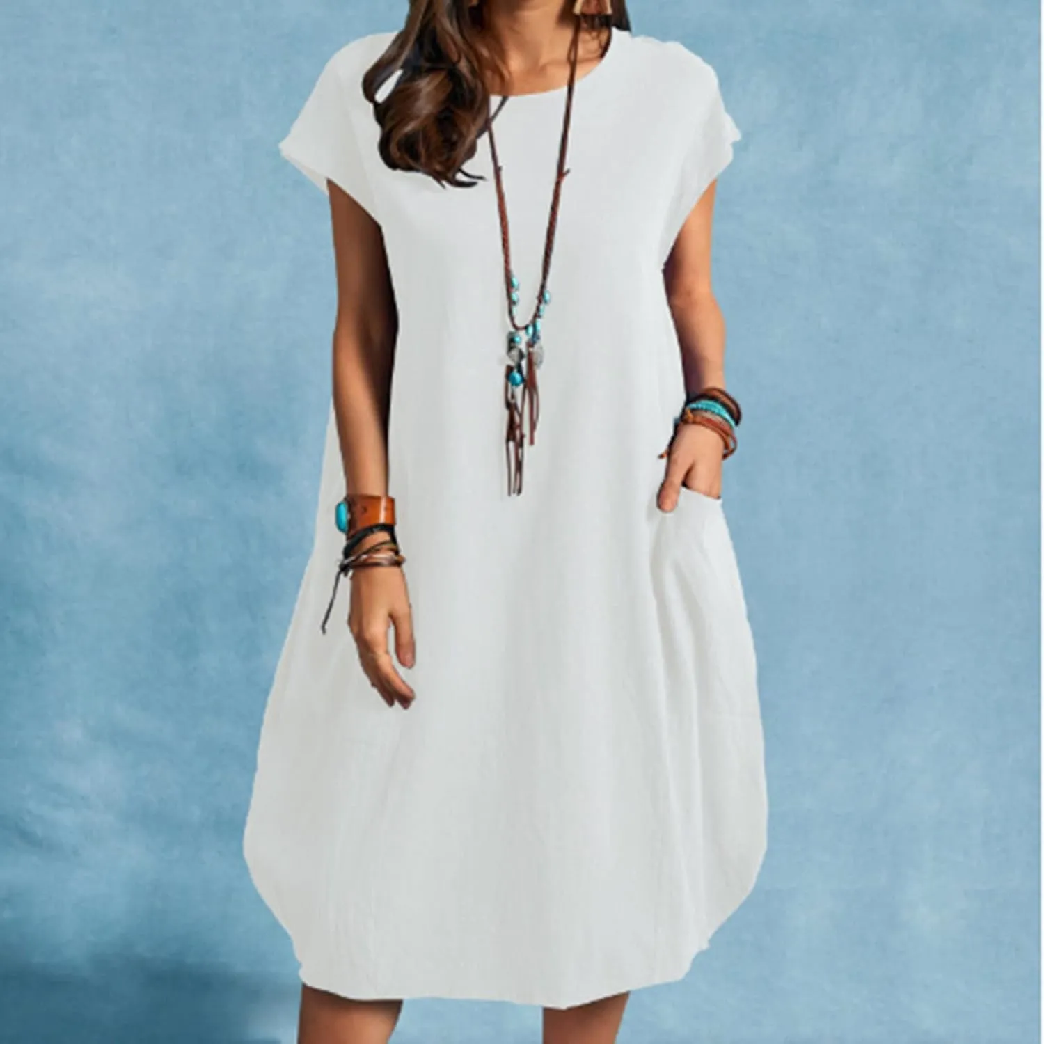 Women's Summer Midi Dress Casual Plain Simple T-Shirt Loose Dress Crewneck Short Sleeve T Shirt Sundress with Pockets