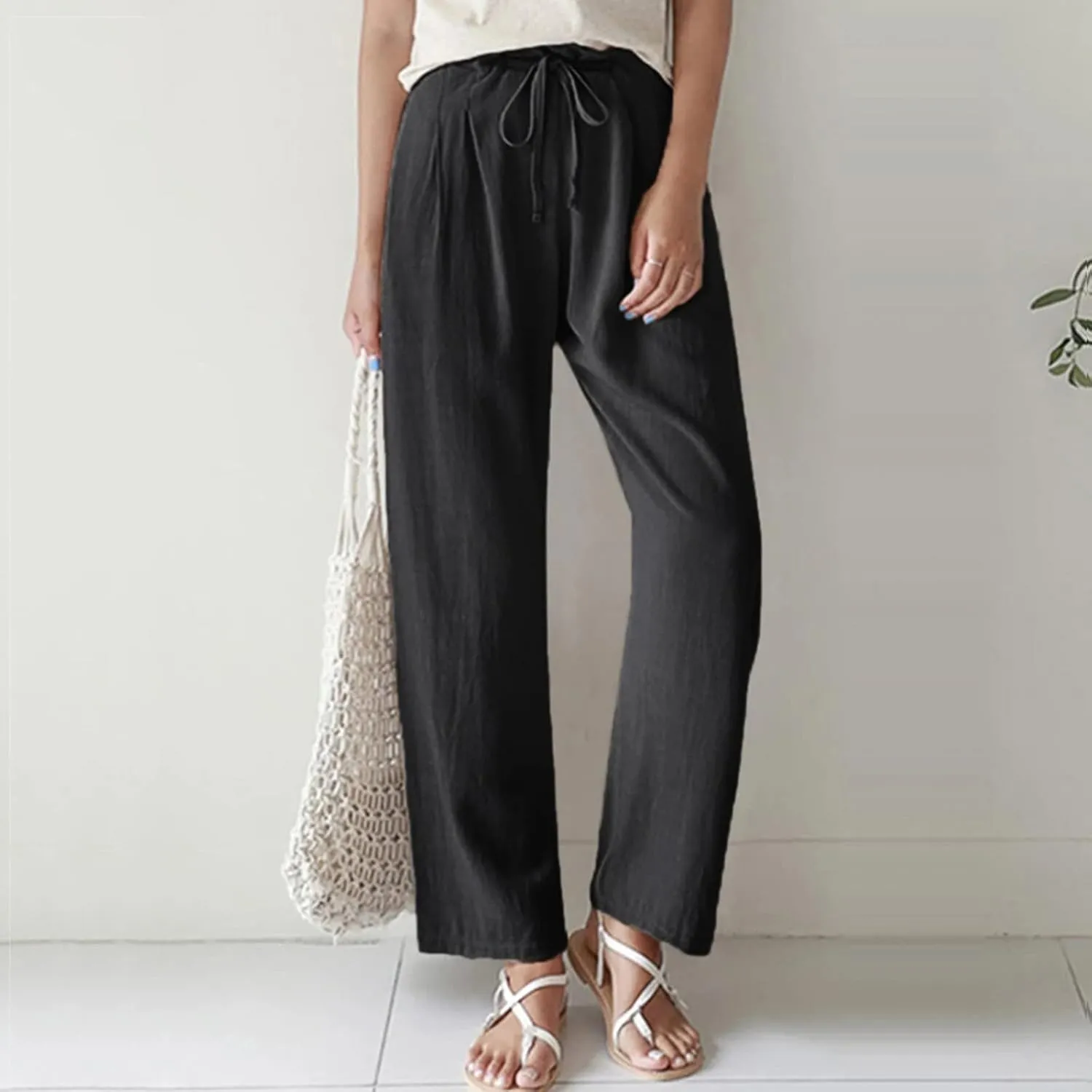 Womens Summer Pants Casual Plus Size Dressy Waist Baggy Trousers with Pockets Solid Beach Cotton Pants for Women