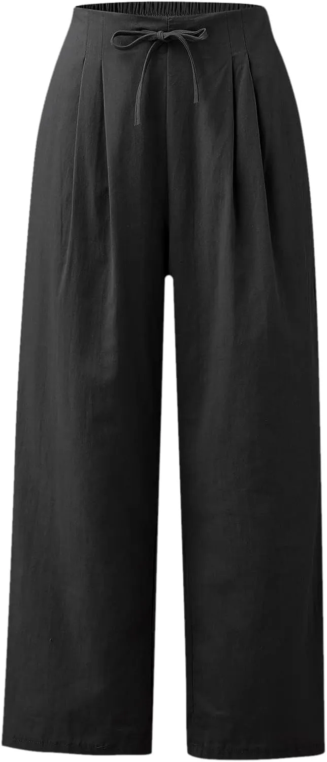 Womens Summer Pants Casual Plus Size Dressy Waist Baggy Trousers with Pockets Solid Beach Cotton Pants for Women