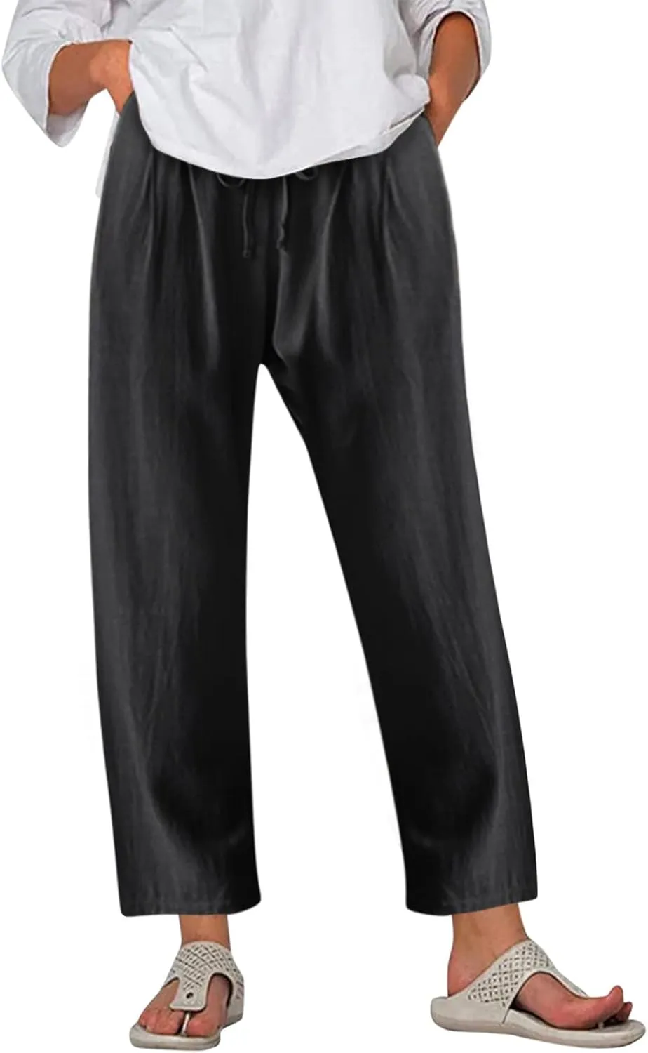 Womens Summer Pants Casual Plus Size Dressy Waist Baggy Trousers with Pockets Solid Beach Cotton Pants for Women