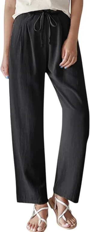Womens Summer Pants Casual Plus Size Dressy Waist Baggy Trousers with Pockets Solid Beach Cotton Pants for Women
