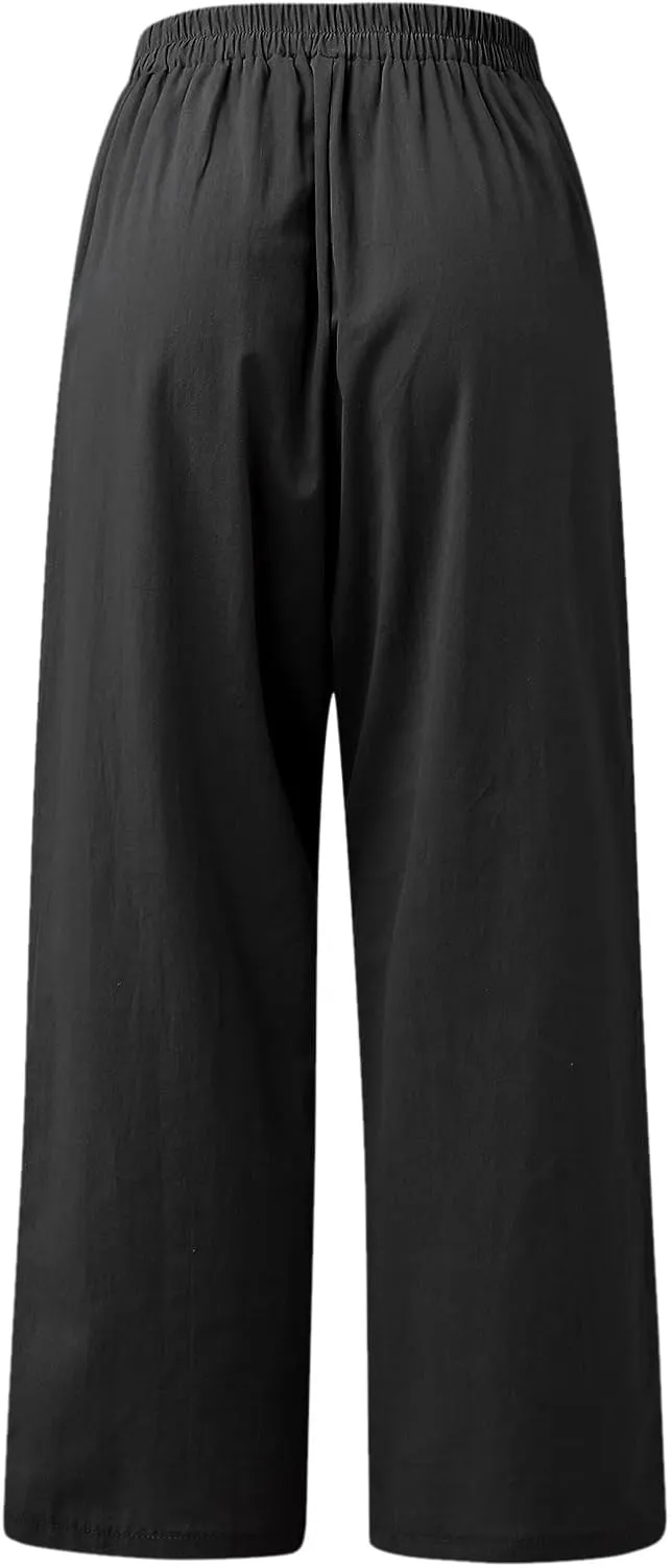 Womens Summer Pants Casual Plus Size Dressy Waist Baggy Trousers with Pockets Solid Beach Cotton Pants for Women