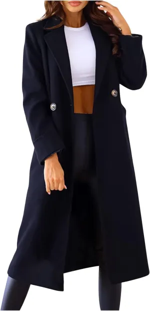 Womens Trench Coat Casual Double Breasted Notched Lapel Wool Coats Long Winter Pea Coats Work Office Jackets