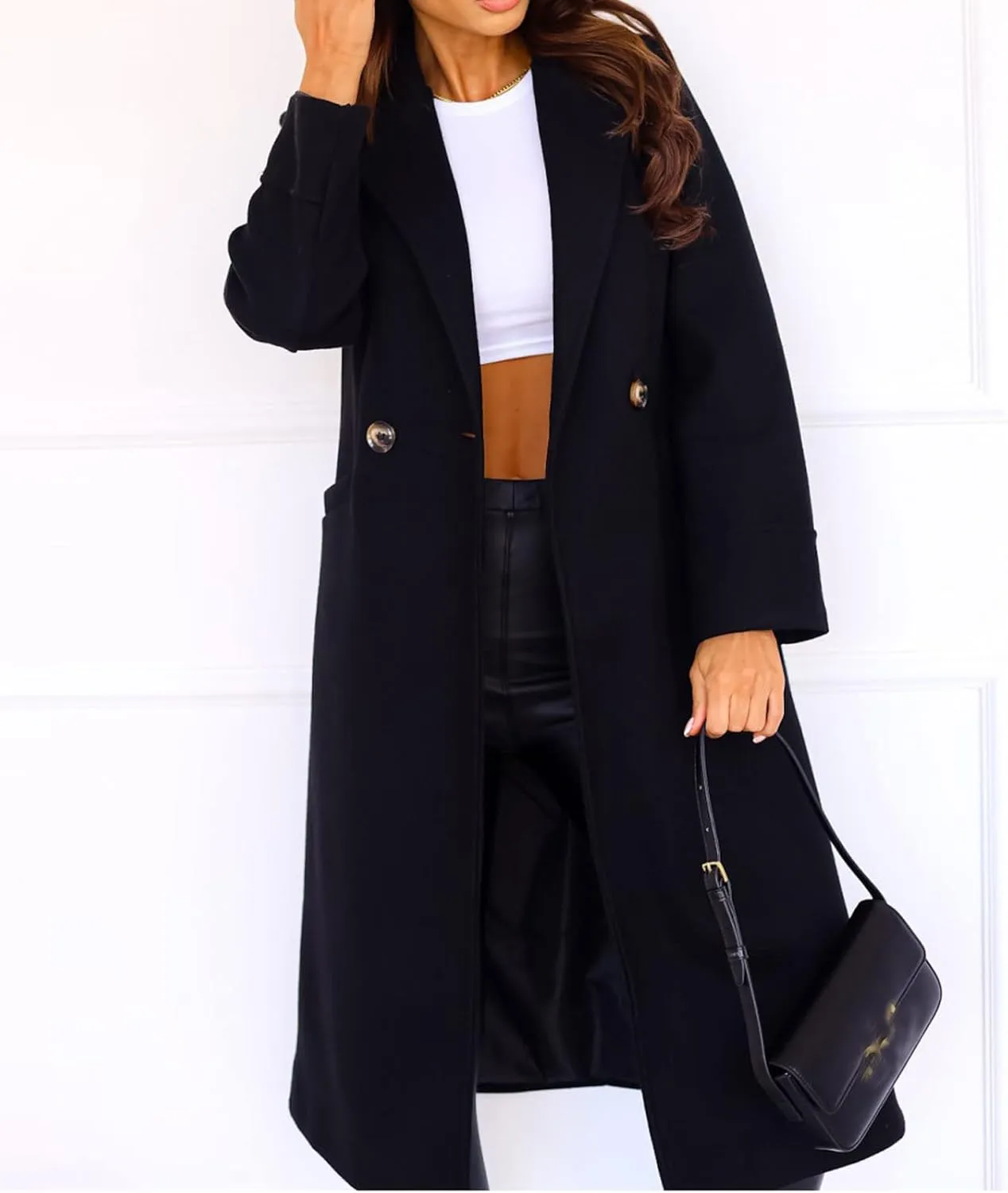 Womens Trench Coat Casual Double Breasted Notched Lapel Wool Coats Long Winter Pea Coats Work Office Jackets