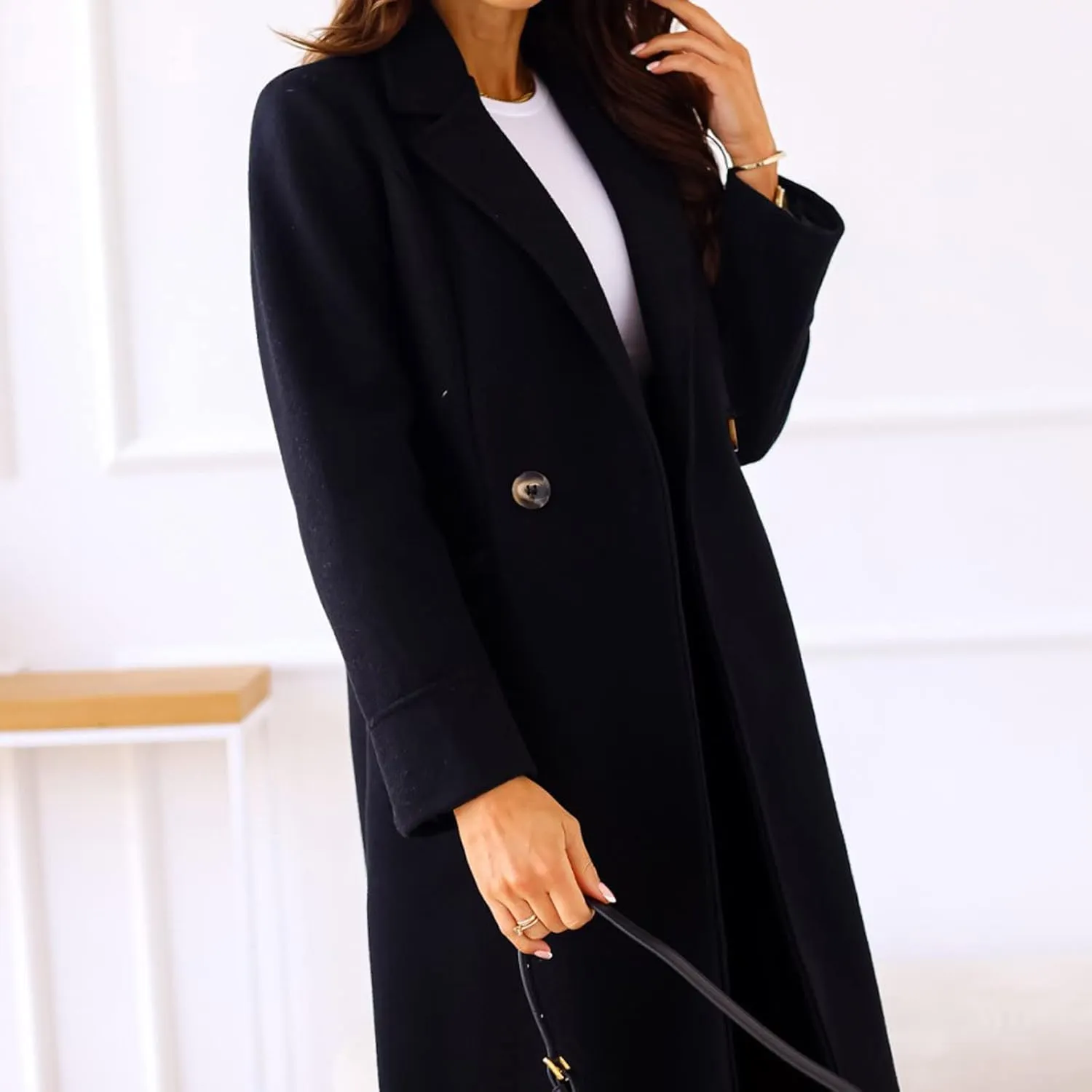 Womens Trench Coat Casual Double Breasted Notched Lapel Wool Coats Long Winter Pea Coats Work Office Jackets