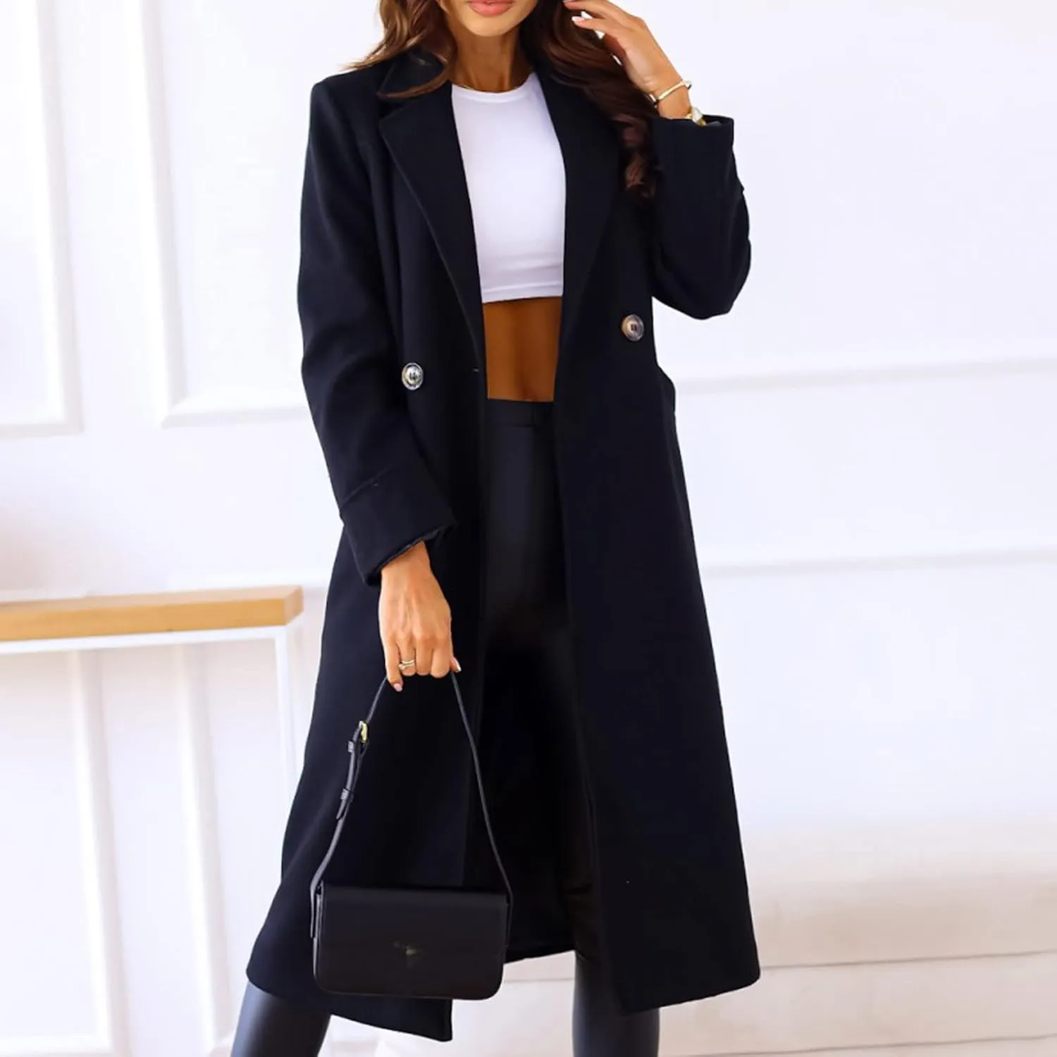Womens Trench Coat Casual Double Breasted Notched Lapel Wool Coats Long Winter Pea Coats Work Office Jackets