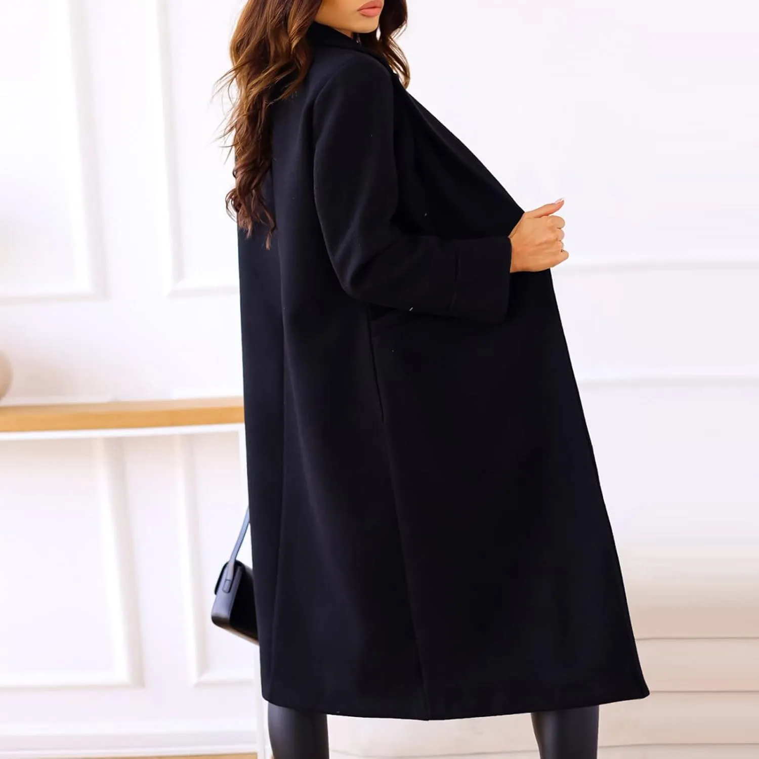 Womens Trench Coat Casual Double Breasted Notched Lapel Wool Coats Long Winter Pea Coats Work Office Jackets