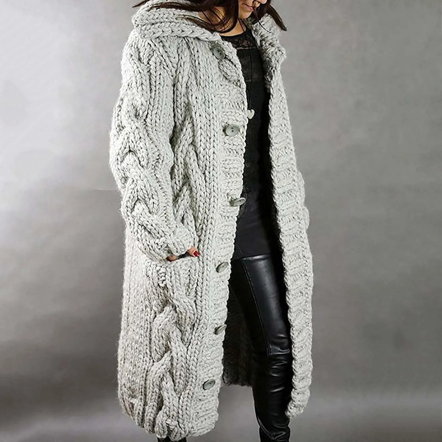 Women's Trench Coat Large Women Pocket Sweater Breasted Cardigan Hood Sleeves Women's Coat Woman Coat Wool Coats for