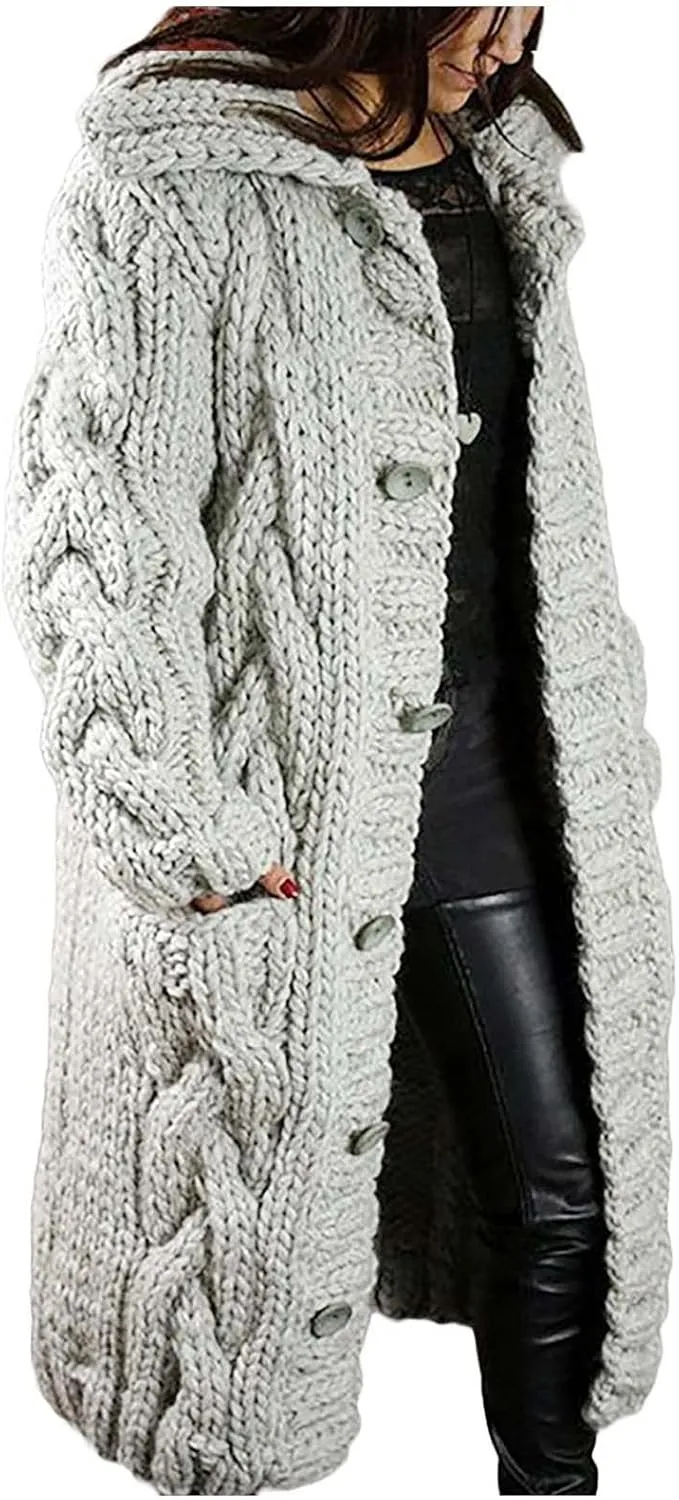Women's Trench Coat Large Women Pocket Sweater Breasted Cardigan Hood Sleeves Women's Coat Woman Coat Wool Coats for